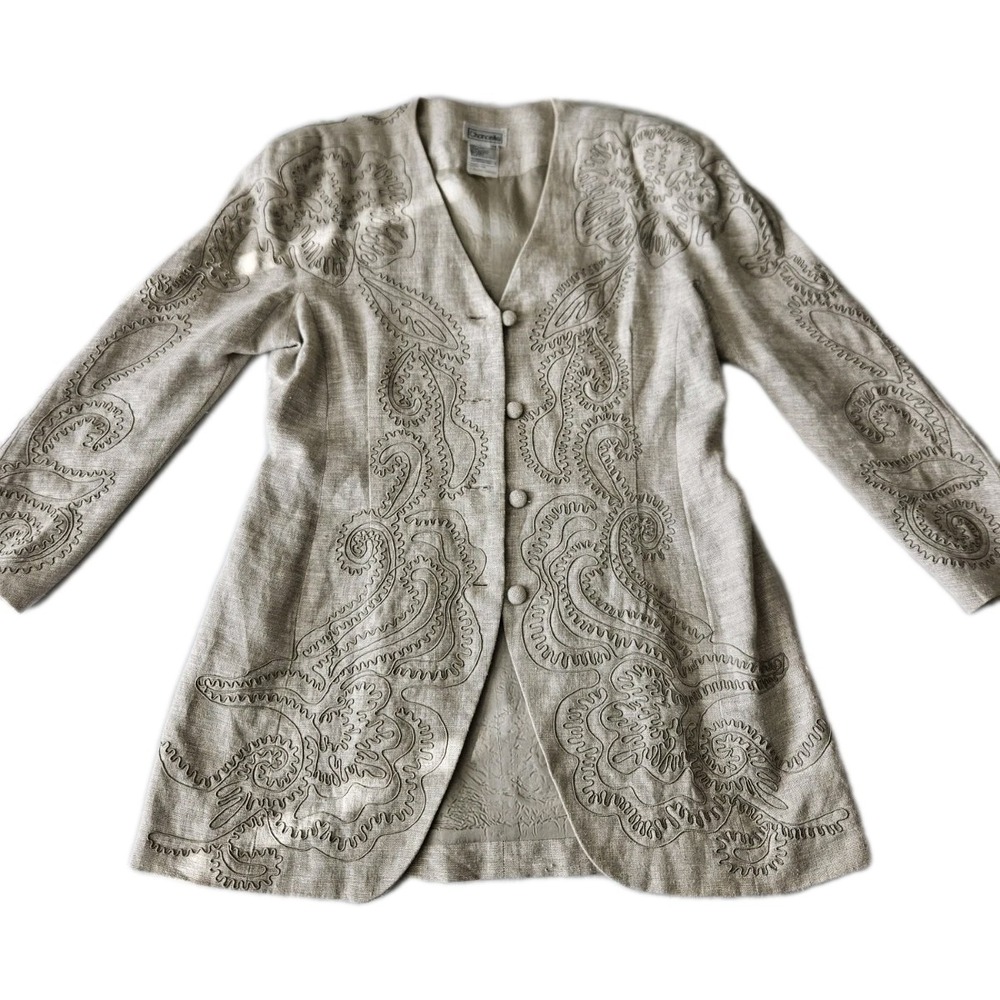 Vtg Chancelle Beige Champagne Full Embroidered Linen 80's Shoulder Blazer 14